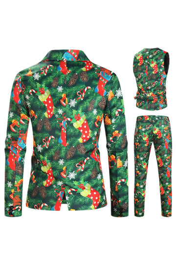 Trajes de hombre navideños con solapa con muescas de 3 piezas impresas en verde